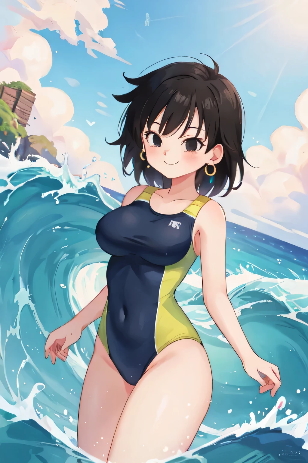 highest quality,masterpiece,ultra high resolution,(actual:1.4), 8K, gine, 1girl, solo, mouth closed, black hair, black eyes, bare shoulders, medium breast, collarbone, cowboy shot, short hair, spiked hair, a green one piece swimsuit, ocean, beach, a large big waves Surround her, lovely legs，bright and beautiful, gold earrings, seductive smile
