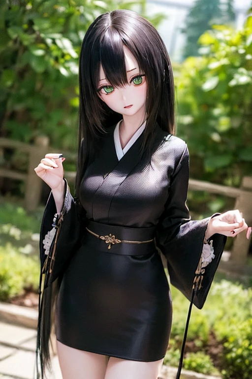 (SFW:2), photorealistic, realistic photo, ((highest quality)), ((masterpiece)), ((extremely detailed)), kukolnydom, doll, (mature woman:1.6), solo, ((cowboy shot, standing, skinny, slender, slim, black kimono, obi)), green eyes, parted lips, (black hair, long hair, looking at another, blank eyes, empty eyes, detailed eyes, detailed clothes:1.3), hair ornament, Japanese garden, 8k
