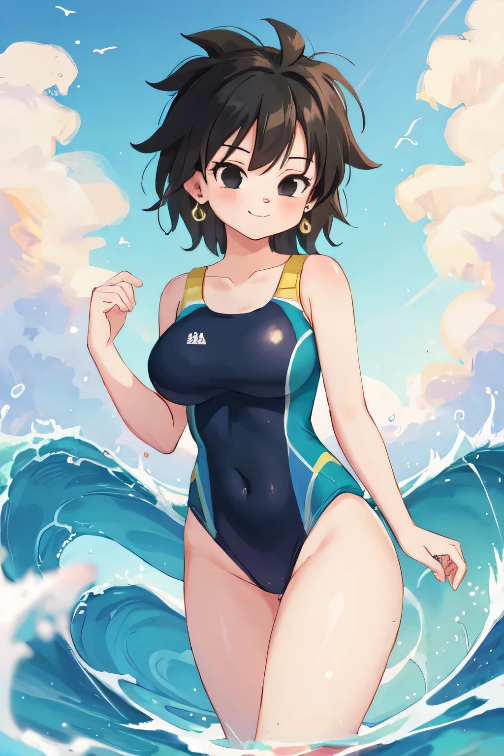 highest quality,masterpiece,ultra high resolution,(actual:1.4), 8K, gine, 1girl, solo, mouth closed, black hair, black eyes,  shoulders, medium , collarbone, cowboy shot, short hair, spiked hair, a green one piece swimsuit, ocean, beach, a large big waves Surround her, lovely legs，bright and beautiful, gold earrings,  smile
