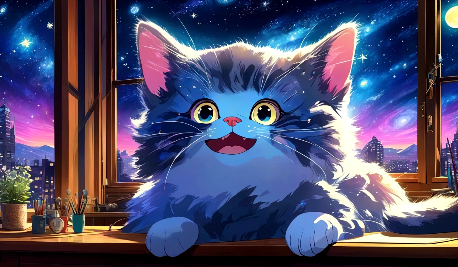 Anime Cat ,I have headphones on,Has a happy expression,There is a desk and I sit on a chair.,Outside the window is a beautiful starry sky at night.,Cat-focused movies, Dynamic pose, Dynamic Background, Dynamic configuration, Dynamic Lighting, Realistic proportions, High resolution, Ray Tracing, Very detailed, Super detailed, Intricate details, Very detailed雰囲気, Very detailedテクスチャ.