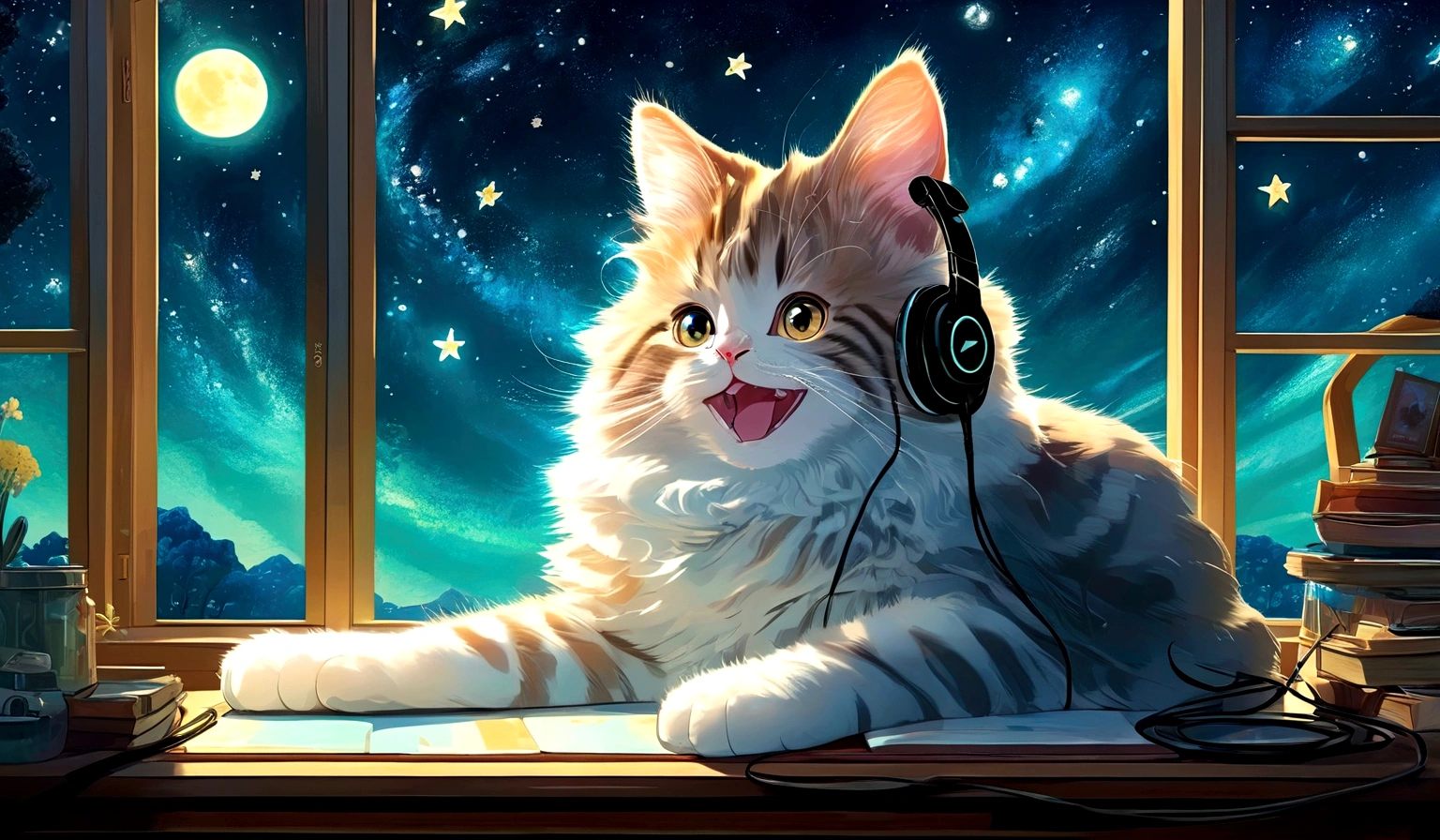Anime Cat ,I have headphones on,Has a happy expression,There is a desk and I sit on a chair.,Outside the window is a beautiful starry sky at night.,Cat-focused movies, Dynamic pose, Dynamic Background, Dynamic configuration, Dynamic Lighting, Realistic proportions, High resolution, Ray Tracing, Very detailed, Super detailed, Intricate details, Very detailed雰囲気, Very detailedテクスチャ.