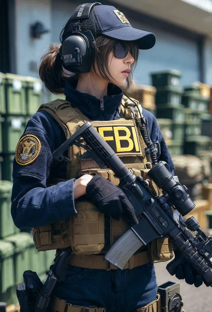 8K,Realistic Photo、Realistic Skin Texture、Superrealism、Japanese female member of FBI SWAT、nervous、Vigilance、Accurate equipment depiction、cap、Operation、I stand in front of the room door and check the situation.、Stains on the wall、Suggestive wall graffiti、demarcation