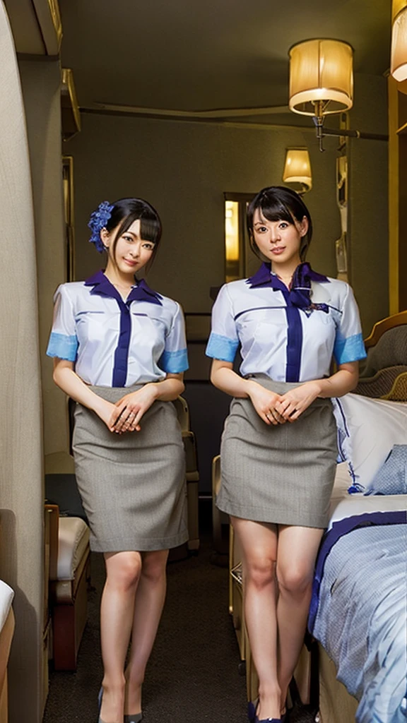 Two women,Hotel in the background、Bed in the background、Leg spread、Cabin Crew