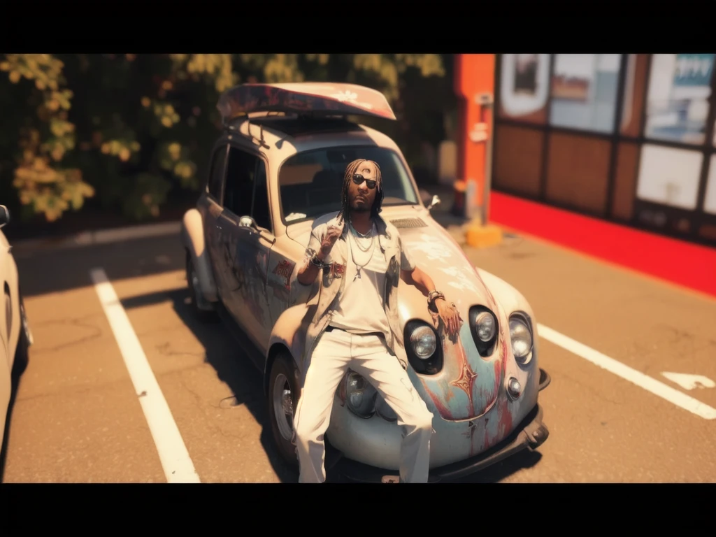 there is a car with a skeleton on the hood parked in a parking lot, style of gta v artworks, snoop dogg in gta v, gta5 style, style of gta v, gta v style, grand theft auto style, hyperealistic octane render, gta character, gta 6 style, standing in front of lowrider, ((((octane render, gta art