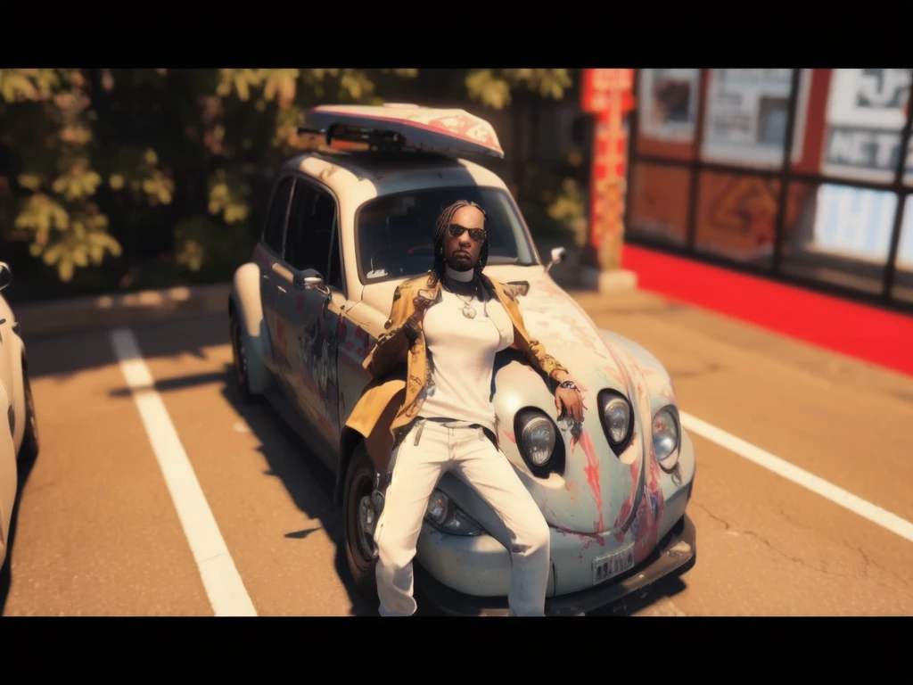 there is a car with a skeleton on the hood parked in a parking lot, style of gta v artworks, snoop dogg in gta v, gta5 style, style of gta v, gta v style, grand theft auto style, hyperealistic octane render, gta character, gta 6 style, standing in front of lowrider, ((((octane render, gta art