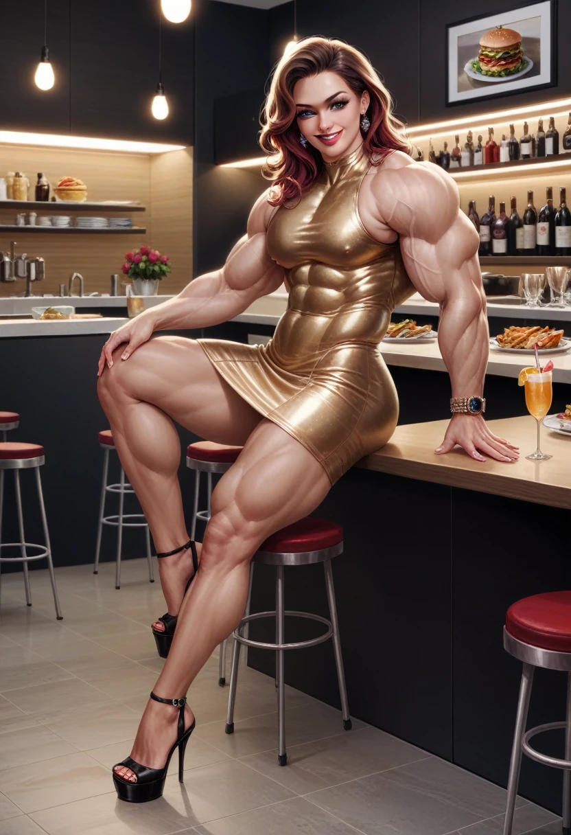 side view sexy dress high heels_tallwoman (romantic dark lowlight fancy restaurant at night) hyperrealistic art cinematic film still photography in the style of detailed hyperrealism photoshoot . Extremely high-resolution details, photographic, realism pushed to extreme, fine texture, incredibly lifelikewoman , woman sitting at table talking, side glance smile huge lips at viewer (((muscular huge biceps))