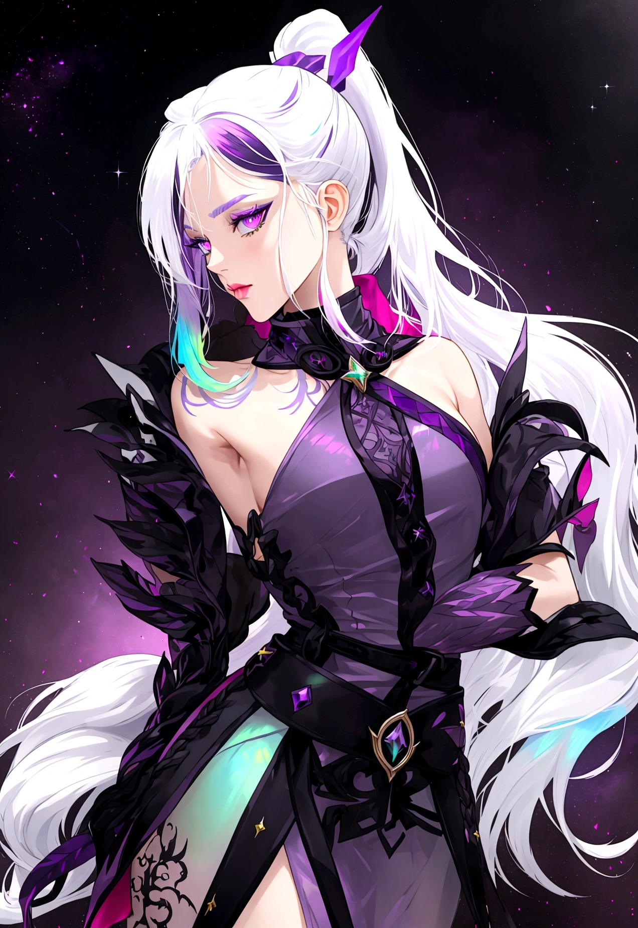 Demon hunter Neon Combat Dress from celestial, (Radiant Royal Cloak: 1.2) Black and silver Color, (extremely delicate beautiful eyes and depression but arrogant eyes), (multicolor, ponytail, iridescent hair, colorful hair, half purple and half white hair: 1.3), (magical, mythic,fantasy), (Super Model Body Shape, idol, seducing body, attractive, gorgeous, charming, majesty, Sexy Saint aura), Original Character, Masterpiece, Tempting Purple Eyes, Purple Gemstone Accessories, Gold Belt, Gold Necklace, Under sun shine, unique crown, (Corruption Tattoo on 1;1.25), 16k, bare shoulders, cute, petite, solo, stars, stardust, moist body detailed, killing scenario, legend, horny blush, pink lips, cinematic lighting, full body close-up, scale up, perfect shade, colorful