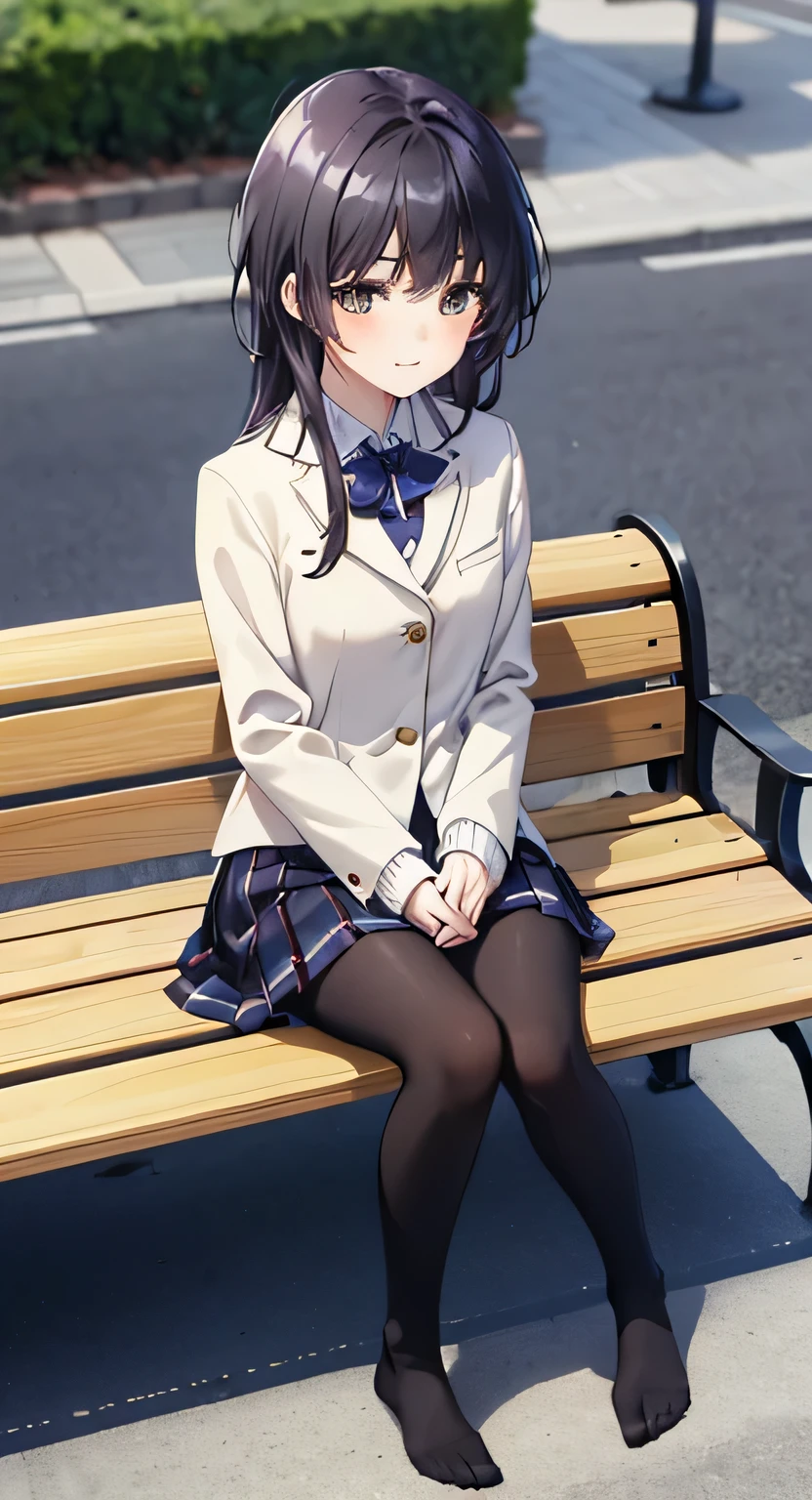 high quality, masterpiece, High resolution, (Head to Toe full body), front, frontComposition from slightly below, Symmetric, Tall 18 year old girl, alone, (Head to Toe), (Small breasts), Black Hair, bangs, (black tights), (Black Pantyhose), (Sit with your legs apart), (Crouching pose), ( (Sit on a bench with your legs spread), (M-shaped feet), Thin legs, Very beautiful tall 18 year old girl, smile、 Looking into the camera, blazer uniform, Checkered Pleated Skirt