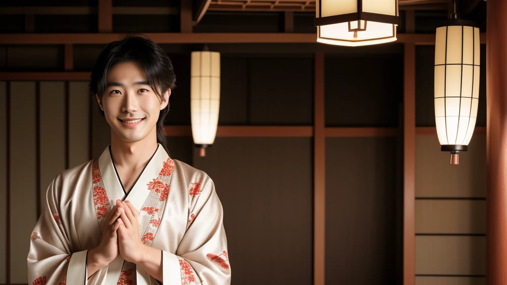High quality illustration of a handsome Japanese man smiling in prayer with his hands together toward a japanese shrine wearing a Japanese kimono during the Edo period.(8K),(4K),A highly detailed,high-definition16Kfor human skin,Skin texture is natural,The skin looks healthy with an even tone, Use natural light and color,chromatic abberation,Wide range of lighting, Best Quality, Dramatic,All the heads can fit.Don't wear anything in her hair.