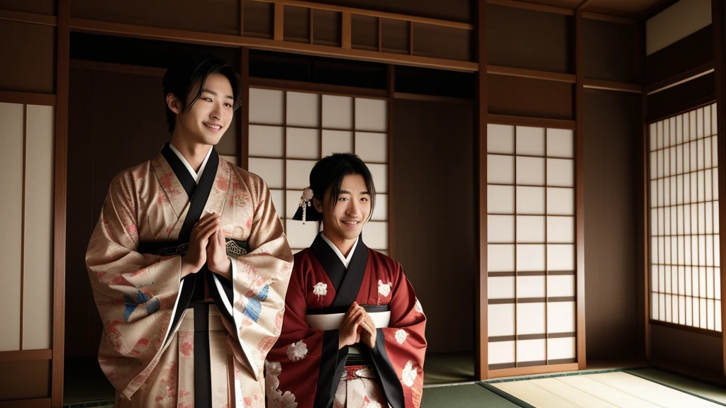 High quality illustration of a handsome Japanese man smiling in prayer with his hands together toward a japanese shrine wearing a Japanese kimono during the Edo period.(8K),(4K),A highly detailed,high-definition16Kfor human skin,Skin texture is natural,The skin looks healthy with an even tone, Use natural light and color,chromatic abberation,Wide range of lighting, Best Quality, Dramatic,All the heads can fit.Don't wear anything in her hair.