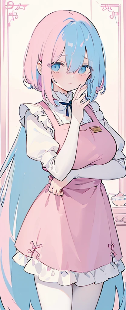 (((Long cyany Beautiful Hair))),cyan hair,kawai,(((Eyes visible from bangs,hair over eyes:1.3))),,Huge breasts,(pink color eyes),,(pink slanted eyes),1girl in,bangs,long CYAN hair, pantyhose,Cowboy Shot,white background,short hair,smiled,(wearing pink maid clothes), (maid dress type must have a perfect pink vest), Bangs should be long to the tip of the chin(((Standing pose facing to the right side free hand pose))), Kitchen room background, Perfect arm fingers,,, 1 girl, ((The image must match the tag)) Bangs almost cover the eyes full body (The character's entire body from top to bottom is completely visible)