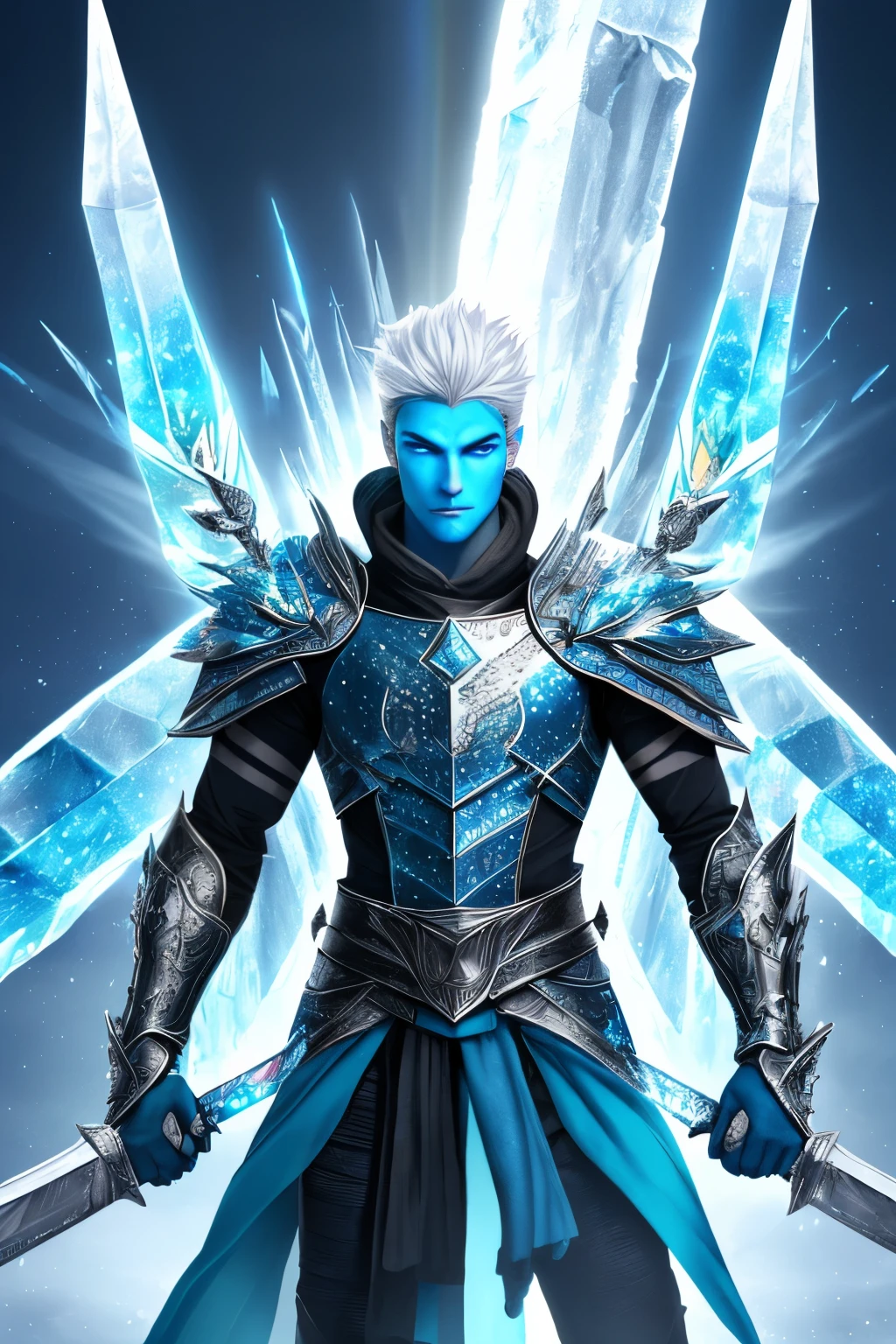A towering ice warrior, adorned in shimmering, frost-encrusted armor, boldly strides across the radiant rainbow bridge. His breath fogs in the air, crystallizing as he emits a chilling fog, and his piercing blue eyes gleam with an icy resolve. In his hand, he grips a sword forged entirely of ice, its edges as sharp as the winds of the North. With his last remaining reserves of strength, power and fearlessness etched on his weather-beaten face, he treks forward, the kaleidoscope of colors from the bridge refracting off his frost-kissed visage as he steadily advances towards