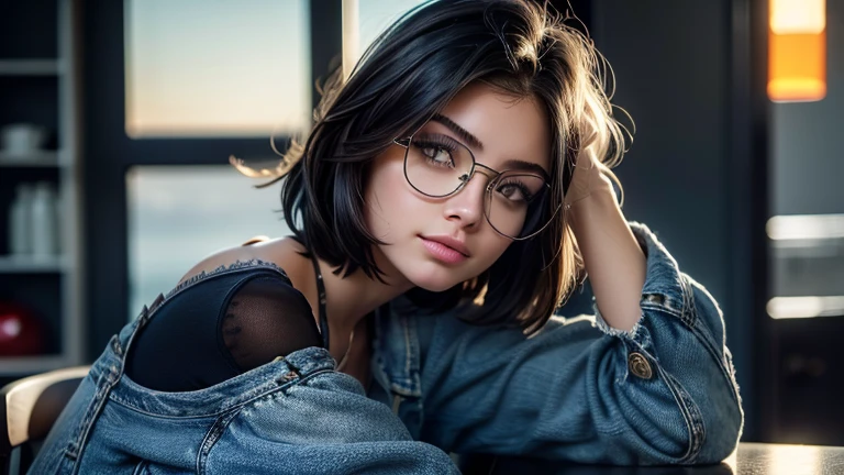 1 girl, shorth hair with blue highlights, perfect hands, camia white, jeans, glasses drinking coffee sitting, in a stylish kitchen , on desk, varied fruits, Crescent Moon, front looking at the viewer, standing alone, Short Bblack hair with blue highlights, blue colored eyes, perfectbody, Tennis court, Hair behind the ear, hair over eyes, looking at the camera, Bblack hair, Hair behind the ear, shorth hair, gaping mouth, Hyper-Realism, panorama, close up, high resolution