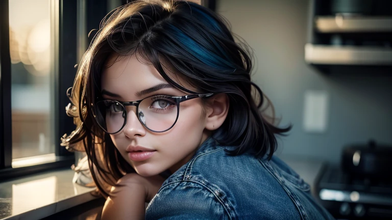1 girl, shorth hair with blue highlights, perfect hands, camia white, jeans, glasses drinking coffee sitting, in a stylish kitchen , on desk, varied fruits, Crescent Moon, front looking at the viewer, standing alone, Short Bblack hair with blue highlights, blue colored eyes, perfectbody, Tennis court, Hair behind the ear, hair over eyes, looking at the camera, Bblack hair, Hair behind the ear, shorth hair, gaping mouth, Hyper-Realism, panorama, close up, high resolution