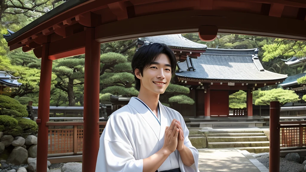 High quality illustration of a handsome Japanese man smiling in prayer with his hands together toward a japanese shrine wearing a Japanese kimono during the Edo period.(8K),(4K),A highly detailed,high-definition16Kfor human skin,Skin texture is natural,The skin looks healthy with an even tone, Use natural light and color,chromatic abberation,Wide range of lighting, Best Quality, Dramatic,All the heads can fit.Don't wear anything in her hair.