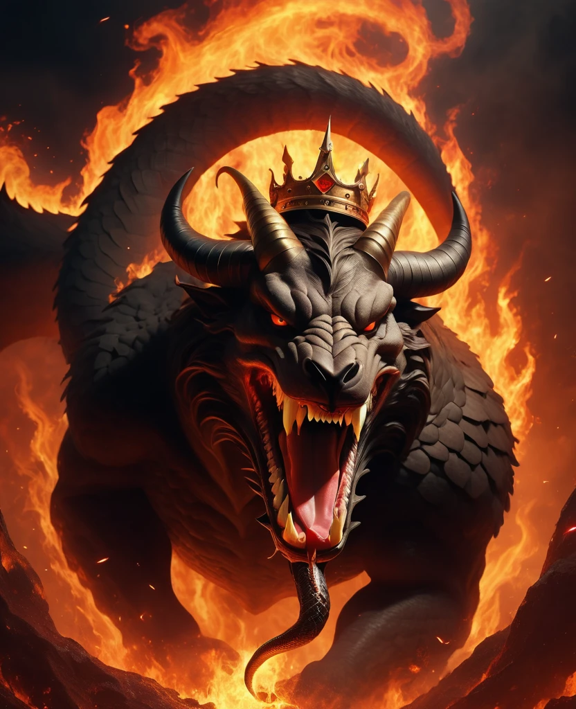 (masterpiece, best quality),male Demon of Hell,crown,Sheep's head,Goose feet,Snake-like tail,in hell,he has fire in his mouth,Fantastic hellscape,dynamic angle,