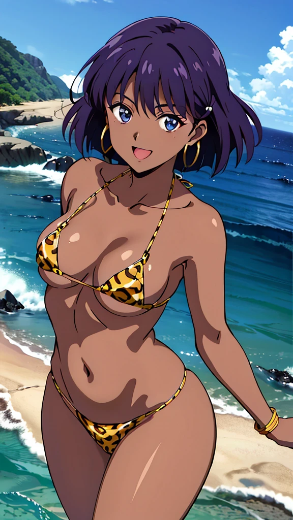 (masterpiece, 4K, Highest quality, anime style: 1.9, Detailed face, Lovely, Ocean,Bold line, High resolution, anime, Lake 4. alone, Curvaceous, Thighs, Cleavage, Medium Chest, smile, Please open your mouth wide, Very slim belly, Cowboy Shot, Leopard print bikini,1 Girl、Nadia,Dark purple hair,Dark Skin,short hair