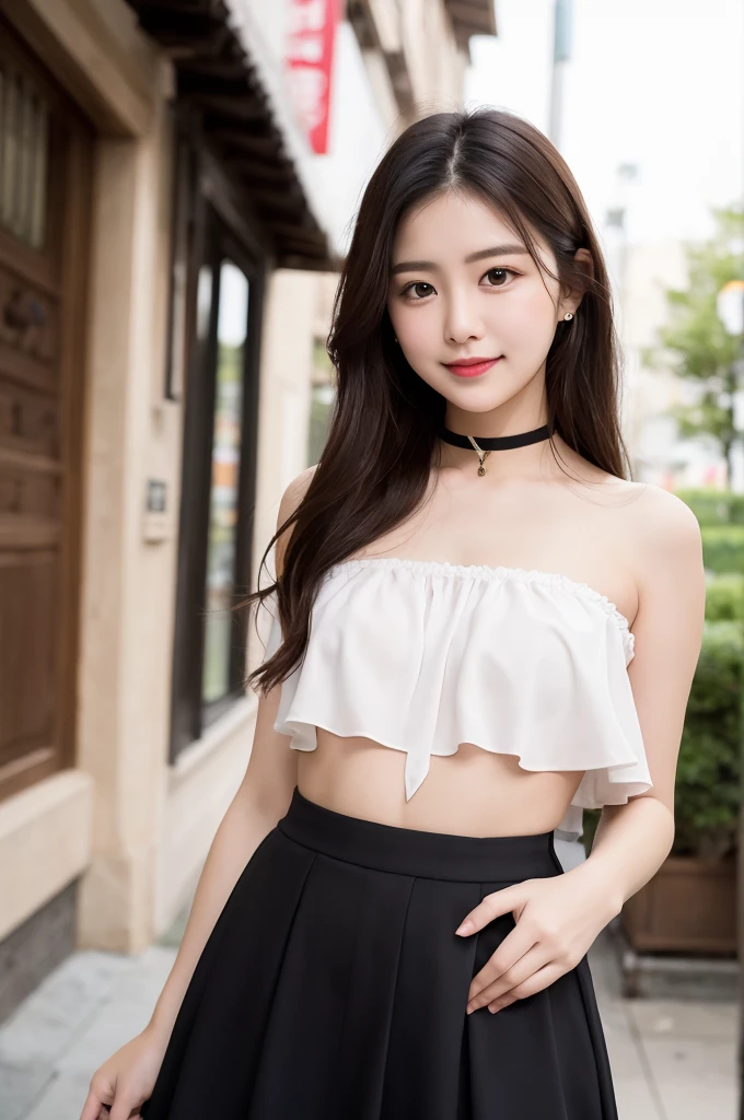 ulzzang-6500-v1.1, (RAW Photos:1.2), (Photorealistic), Beautiful detailed girl, (Genuine: 1.4), Very detailedな目と顔, Beautiful and fine details, (Strapless blouse, flare skirt, Ultra-realistic pantyhose:1.2, Black choker)、Esbian all over、 (A very loving smile:1.2)、Large file size, High resolution, Very detailed, Highest quality, [masterpiece:1.6], Awareness-raising, Very detailed, In detail, Highest quality, 8k wallpaper, Cinema Lighting, One Girl, 17 years old, Perfect figure, Cute droopy eyes、Beautiful big eyes、 ((masterpiece)), Highest quality, One Girl, eye shadow, Upper Body, Portraiture, ((Full Body Shot:1.1))、