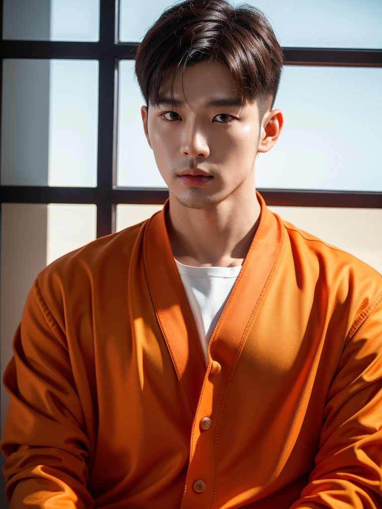 Handsome korean man. 24 years old, prisoner, look at the camera, (Orange prison uniform)portrait,dramatic shadow,Ray tracing, Best quality, Cinematic lighting, Extremely detailed CG, 8K wallpaper,Complicated. In the jail