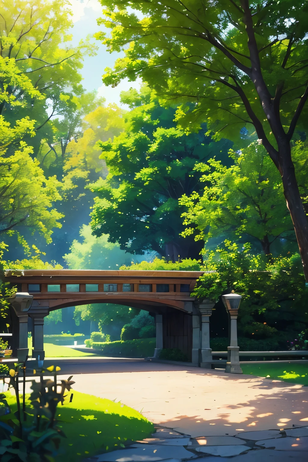 detailed city park, lush garden, wooden bench, bright noon sunlight, realistic, photorealistic, photo-realistic:1.37, (best quality,4k,8k,highres,masterpiece:1.2),ultra-detailed, serene, tranquil, picturesque, vibrant colors, dramatic lighting, cinematic, like London, establishing shot