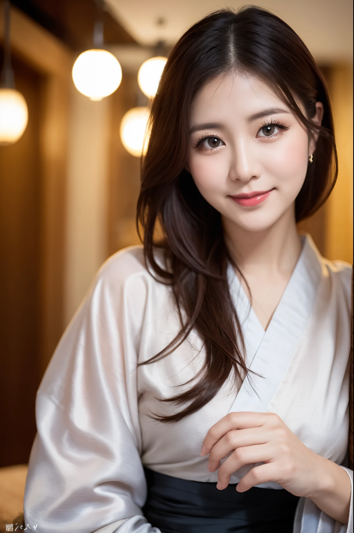 Face :9,1449314384], ulzzang-6500-v1.1, (RAW Photos:1.2), (Photorealistic), Beautiful Mature Woman VN01, Beautiful details, (Genuine: 1.4), Very detailedな目と顔, Beautiful and fine details,  (Japanese Kimono、Elegant Japanese pattern kimono、Komono)、Esbian all over、 (A very loving smile:1.2)、Large file size, High resolution, Very detailed, Highest quality, [masterpiece:1.6], Awareness-raising, Very detailed, Hmph, In detail, Highest quality, 8k wallpaper, Cinema Lighting, One mature woman, 37 years old, Perfect figure, Cute droopy eyes、Beautiful big eyes、 ((masterpiece)), Highest quality, One mature woman, eye shadow, Upper Body, Portraiture, ((Full Body Shot:1.14))、