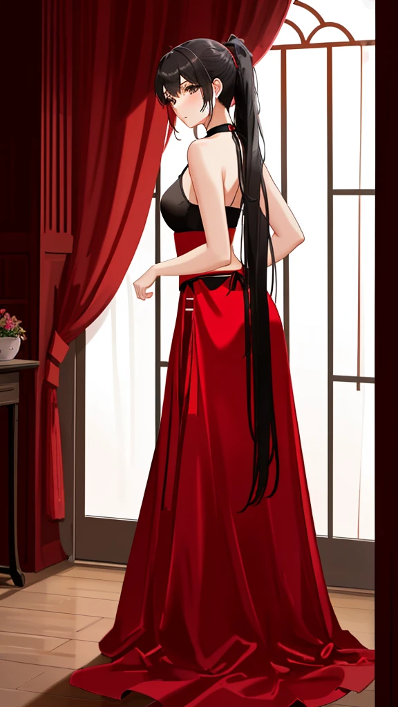 A beautiful girl posing for a photo shoot, wears a red , A long skirt, and some long black panties, Her hair is long and tied up in a ponytail., beautiful black hair, Photos are taken from various perspectives 