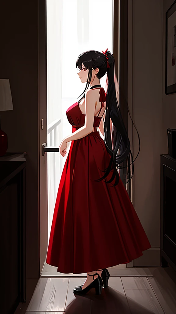 A beautiful girl posing for a photo shoot, wears a red , A long skirt, and some long black panties, Her hair is long and tied up in a ponytail., beautiful black hair, Photos are taken from various perspectives