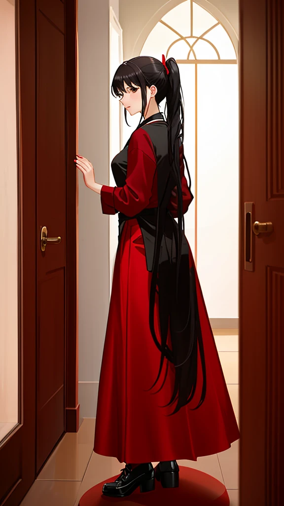 A beautiful girl posing for a photo shoot, wears a red , A long skirt, and some long black panties, Her hair is long and tied up in a ponytail., beautiful black hair, Photos are taken from various perspectives