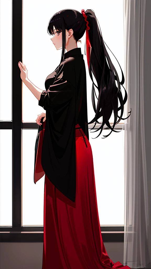 A beautiful girl posing for a photo shoot, wears a red , A long skirt, and some long black panties, Her hair is long and tied up in a ponytail., beautiful black hair, Photos are taken from various perspectives