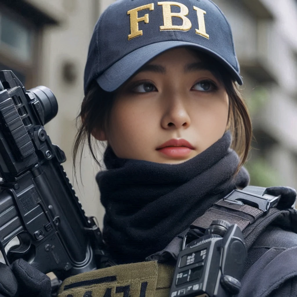 8K,Realistic Photo、Realistic Skin Texture、Superrealism、Japanese female member of FBI SWAT、nervous、Vigilance、Accurate equipment depiction、cap、Operation、I stand in front of the room door and check the situation.、Stains on the wall、Suggestive wall graffiti、demarcation