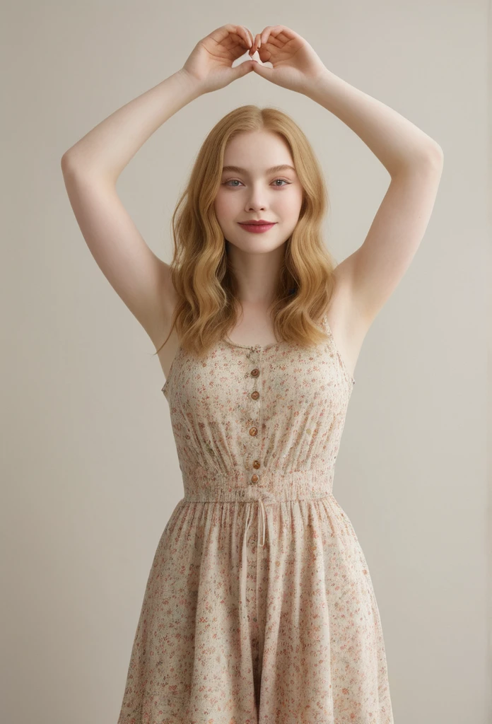 A small young woman with a pear-shaped body, ((narrow shoulders)), small breasts, ((narrow waist)), ((wide hips, and full, rounded thighs)). She has smooth, pale skin, long wavy strawberry blonde hair, large almond-shaped hazel eyes with thick dark lashes, a heart-shaped face, high cheekbones, a small upturned nose, and full rosy lips, arms raised, floral  