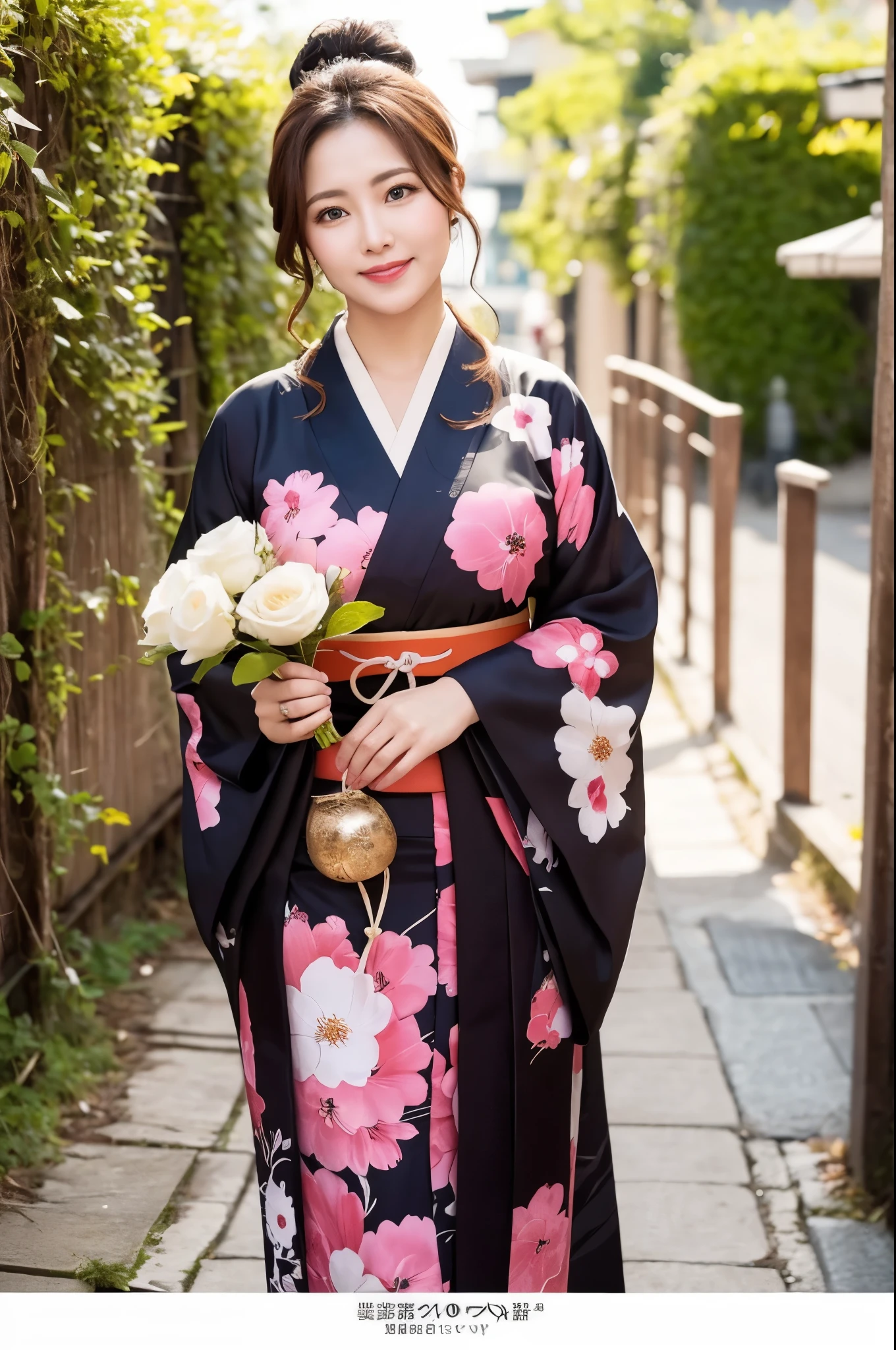 Face :9,1449314384], ulzzang-6500-v1.1, (RAW Photos:1.2), (Photorealistic), Beautiful Mature Woman VN01, Beautiful details, (Genuine: 1.4), Very detailedな目と顔, Beautiful and fine details,  (Japanese Kimono、Elegant Japanese pattern kimono、Komono)、Esbian all over、 (A very loving smile:1.2)、Large file size, High resolution, Very detailed, Highest quality, [masterpiece:1.6], Awareness-raising, Very detailed, Hmph, In detail, Highest quality, 8k wallpaper, Cinema Lighting, One mature woman, 37 years old, Perfect figure, Cute droopy eyes、Beautiful big eyes、 ((masterpiece)), Highest quality, One mature woman, eye shadow, Upper Body, Portraiture, ((Full Body Shot:1.14))、