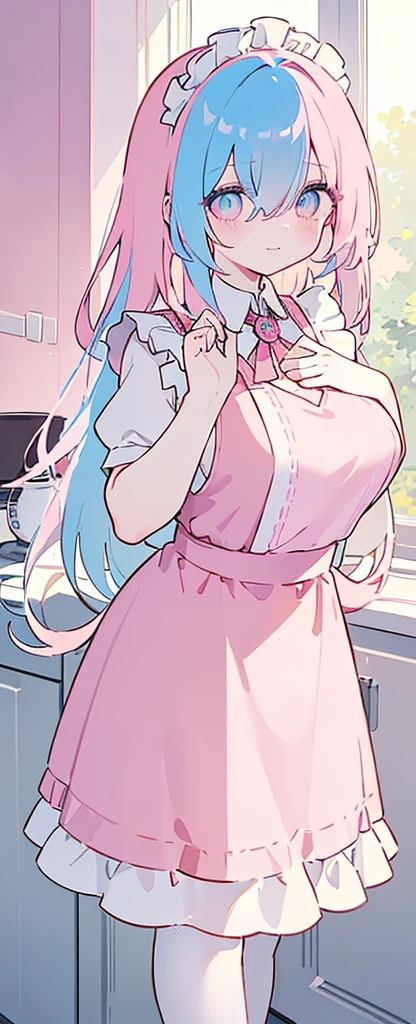 (((Long cyany Beautiful Hair))),cyan hair,kawai,(((Eyes visible from bangs,hair over eyes:1.3))),,Huge breasts,(pink color eyes),,(pink slanted eyes),1girl in,bangs,long CYAN hair, pantyhose,Cowboy Shot,white background,short hair,smiled,(wearing pink maid clothes), (maid dress type must have a perfect pink vest), Bangs should be long to the tip of the chin(((Standing pose facing to the right side free hand pose))), Kitchen room background, Perfect arm fingers,,, 1 girl, ((The image must match the tag)) Bangs almost cover the eyes full body (The character's entire body from top to bottom is completely visible)