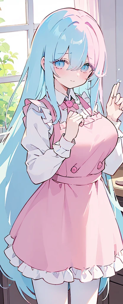 (((Long cyany Beautiful Hair))),cyan hair,kawai,(((Eyes visible from bangs,hair over eyes:1.3))),,Huge breasts,(pink color eyes),,(pink slanted eyes),1girl in,bangs,long CYAN hair, pantyhose,Cowboy Shot,white background,short hair,smiled,(wearing pink maid clothes), (maid dress type must have a perfect pink vest), Bangs should be long to the tip of the chin(((Standing pose facing to the right side free hand pose))), Kitchen room background, Perfect arm fingers,,, 1 girl, ((The image must match the tag)) Bangs almost cover the eyes full body (The character's entire body from top to bottom is completely visible)