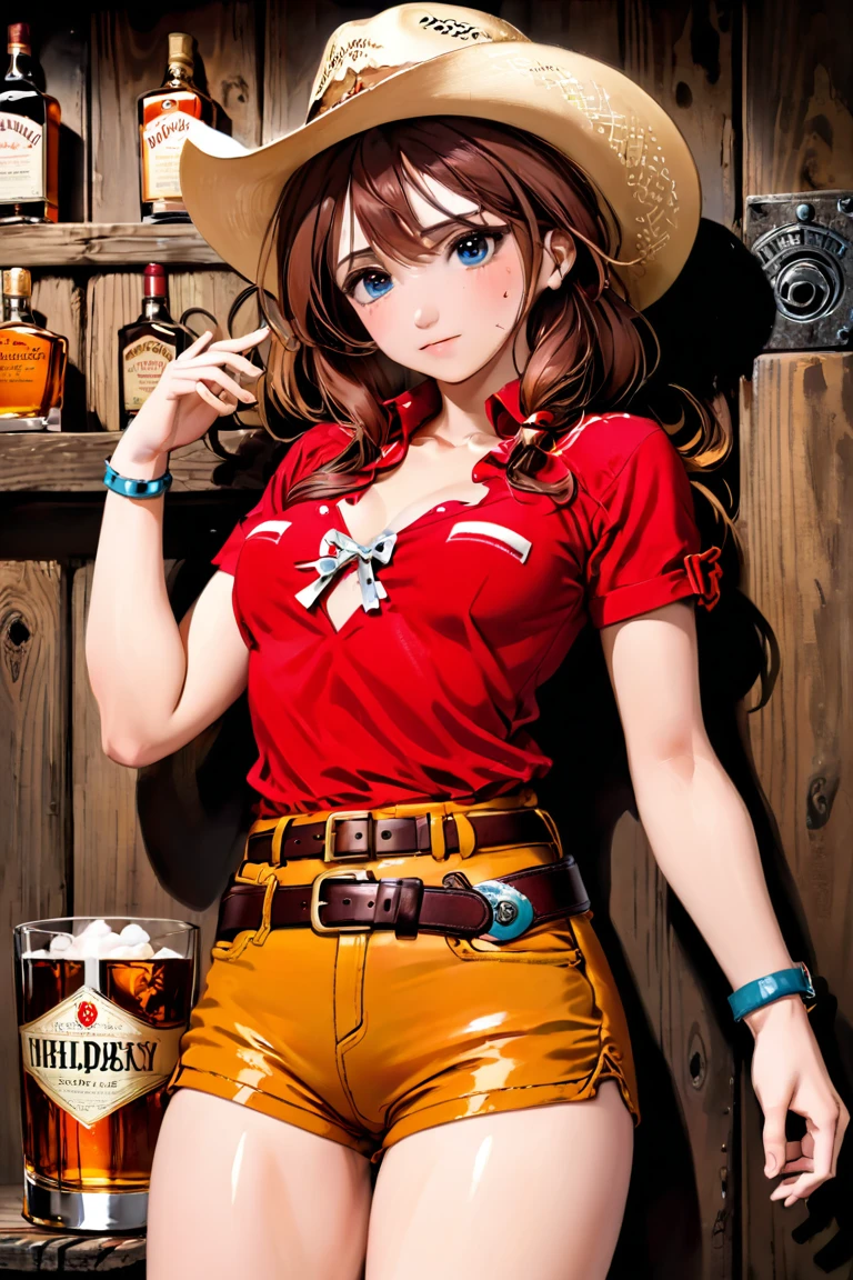 (((1 person:2.0))),((Ultra Short Sleeve Cowgirl Shirt:1.8))),(((Belted denim hot pants:1.8))),(((Slim body:1.8))),(((Brown gun belt with holster:1.8))),((Brown cowboy hat:1.8)),((Wear a metal watch on your wrist:1.8))),(((Showing cleavage))),(((Exposed thin inner thighs))),(((Small breasts:1.5))),(((Bare arms))),(((Her hair is brown))),((Blushed:1.2)), Beautiful detailed girl, Very detailed目と顔, 緻密でBeautiful Eyes, Very detailed, High resolution, Highest quality, masterpiece, Very detailed, 8k wallpaper, wonderful, finely, Highest quality,(Standing in front of a wooden wall),Beautiful Eyes,((Engage your audience:1.2)),(((Full Body Shot:1.8))),((Are standing:1.2)),((Put your right hand on your chest:1.2)),((Whiskey in left hand:1.4)),(((Drunk:1.5))),(((Drunk face:1.0)))