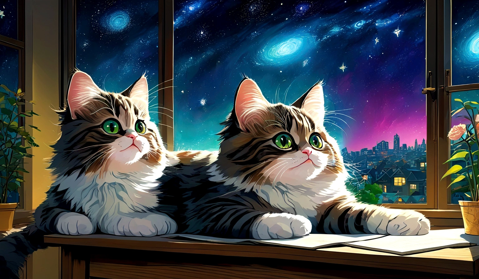 Anime Cat ,I have headphones on,Has a happy expression,There is a desk and I sit on a chair.,Outside the window is a beautiful starry sky at night.,Cat-focused movies, Dynamic pose, Dynamic Background, Dynamic configuration, Dynamic Lighting, Realistic proportions, High resolution, Ray Tracing, Very detailed, Super detailed, Intricate details, Very detailed雰囲気, Very detailedテクスチャ.