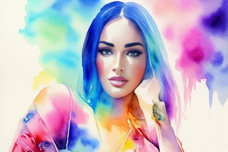 painting of a woman with , watercolor painting inspired by lizzy ansingh, trending on deviantart, figurative art, intense watercolor, vivid watercolor painting, beautiful expressive painting, watercolor expressionist, watercolor expressionism, painted watercolor, colorful watercolor painting, colorful portrait of megan fox, painted with bright water colors, watercolor digital painting, watercolor colored painting
