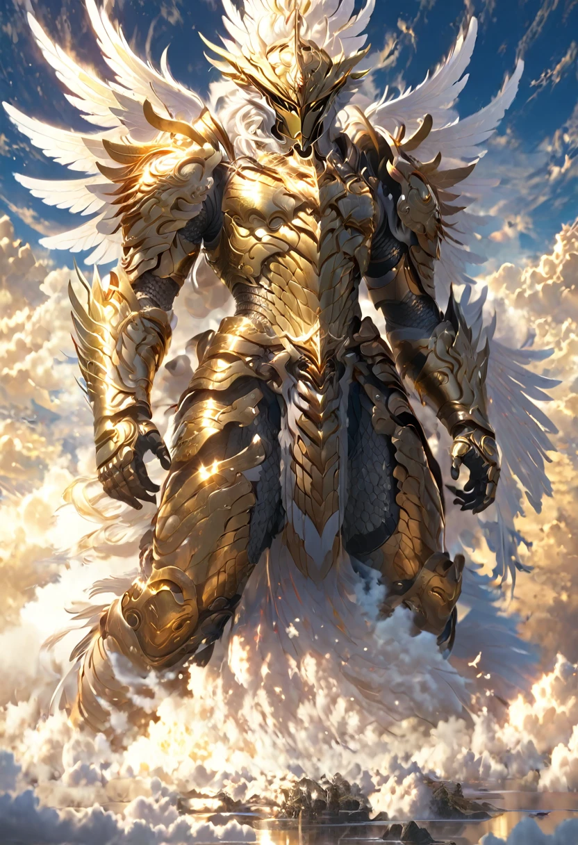 A god with golden armor. With furious wings. Fly in the sky. Medium weight. A staff in his hand.