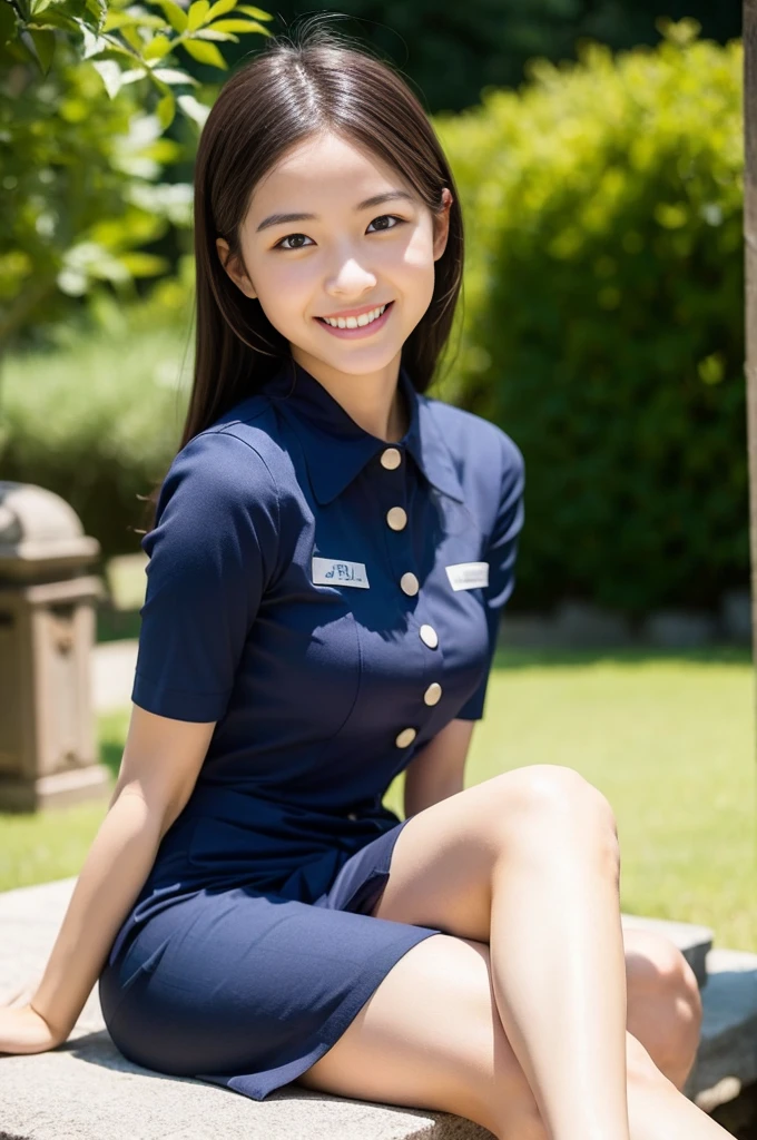 Pure Japanese girl, outstanding body, beautiful legs, wearing uniform, natural hairstyles, sweet smile, sitting, refreshing in early summer, composition from the front, 