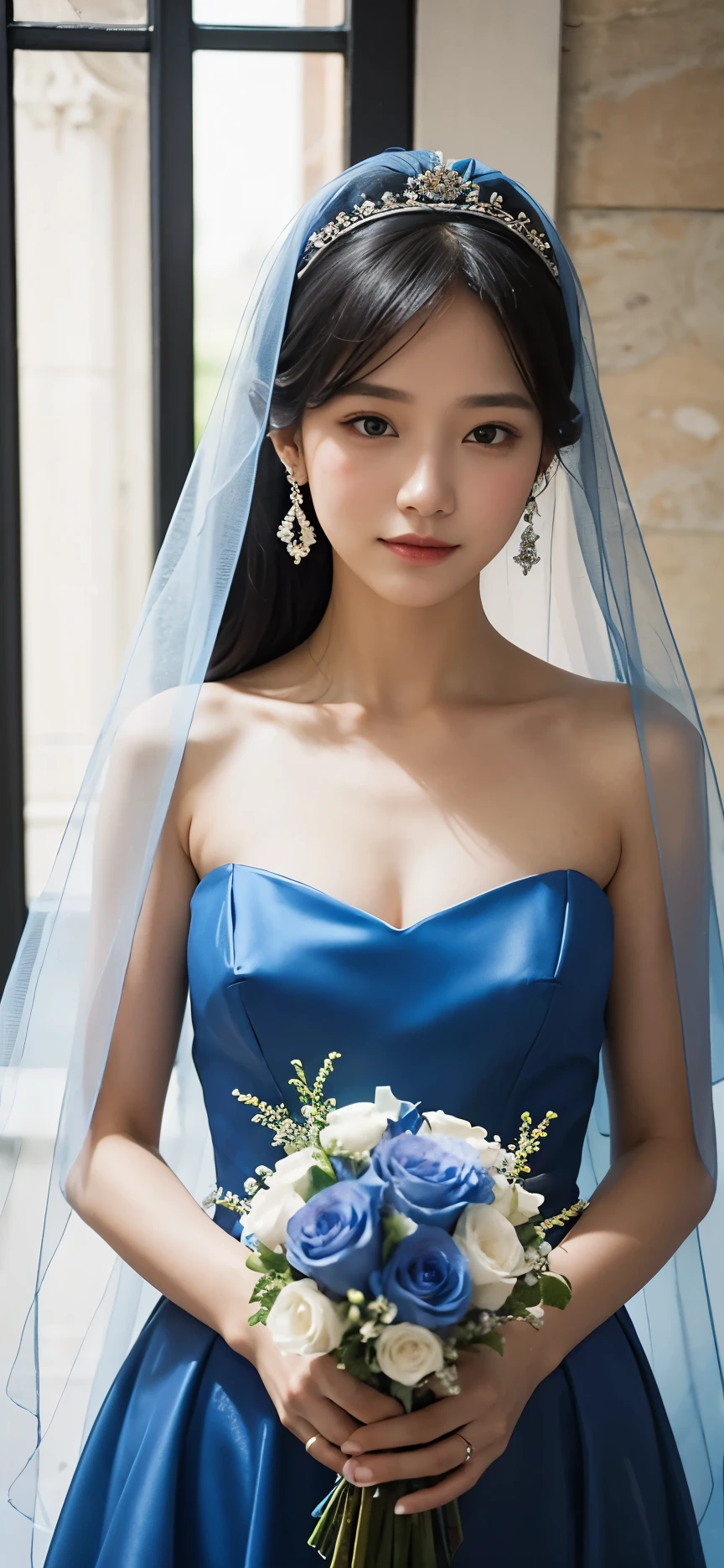 A woman wearing a blue veil and a blue dress at a wedding reception, holding a bouquet of blue flowers