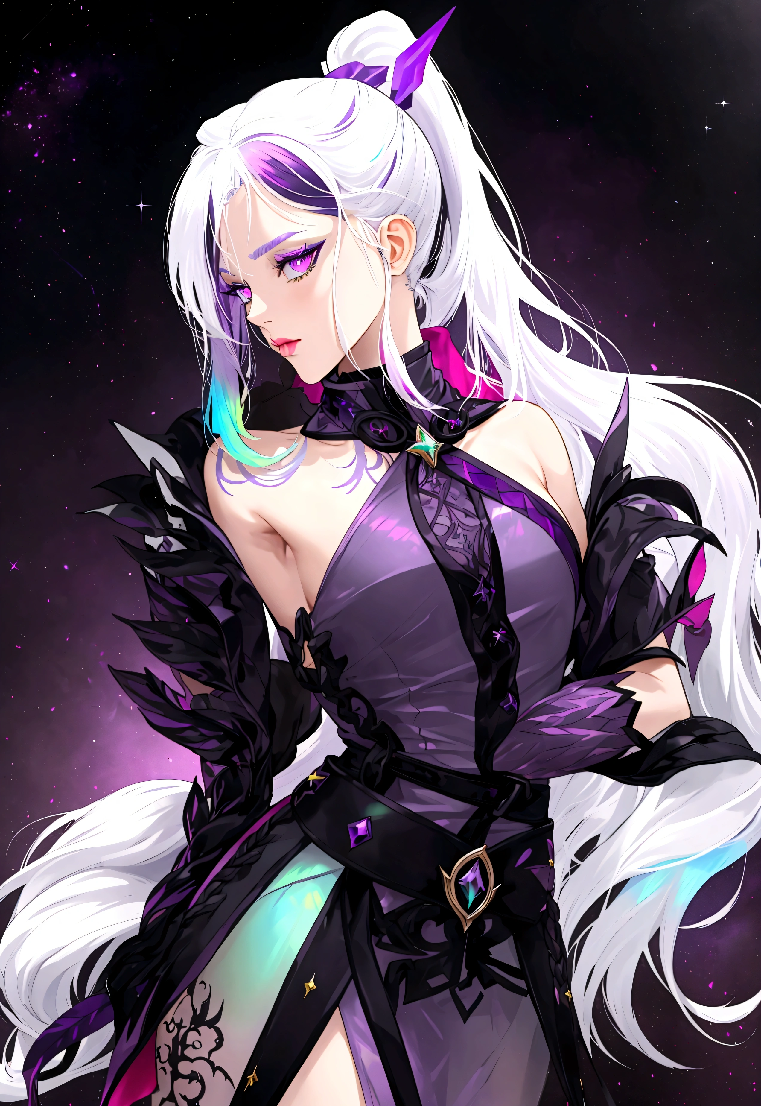 Demon hunter Neon Combat Dress from celestial, (Radiant Royal Cloak: 1.2) Black and silver Color, (extremely delicate beautiful eyes and depression but arrogant eyes), (multicolor, ponytail, iridescent hair, colorful hair, half purple and half white hair: 1.3), (magical, mythic,fantasy), (Super Model Body Shape, idol, seducing body, attractive, gorgeous, charming, majesty, Sexy Saint aura), Original Character, Masterpiece, Tempting Purple Eyes, Purple Gemstone Accessories, Gold Belt, Gold Necklace, Under sun shine, unique crown, (Corruption Tattoo on 1;1.25), 16k, bare shoulders, cute, petite, solo, stars, stardust, moist body detailed, killing scenario, legend, horny blush, pink lips, cinematic lighting, full body close-up, scale up, perfect shade, colorful