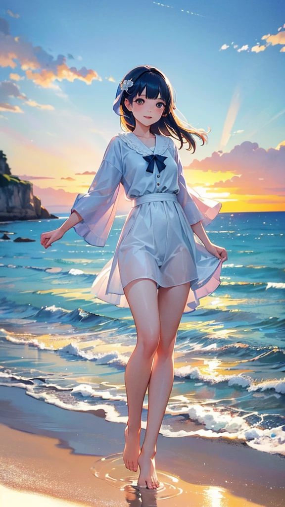 masterpiece, Highest quality, Movie stills,Long Shot、超Long Shot、 1 Girl, Sky reflected on the sea surface、Mirror-like water surface、Reflective water surface、I can see your ankles、barefoot、sunset、Beautiful sky, close, bright, Happy, Warm and soft lighting, sunset, (spark:0.7)