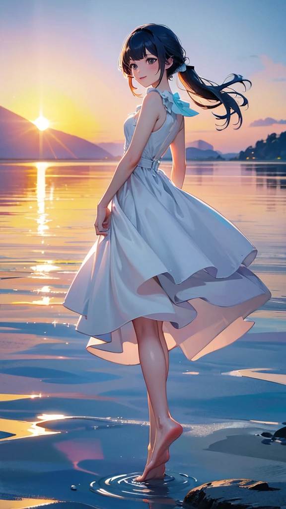 masterpiece, Highest quality, Movie stills,Long Shot、超Long Shot、 1 Girl, Sky reflected on the sea surface、Mirror-like water surface、Reflective water surface、I can see your ankles、barefoot、sunset、Beautiful sky, close, bright, Happy, Warm and soft lighting, sunset, (spark:0.7)