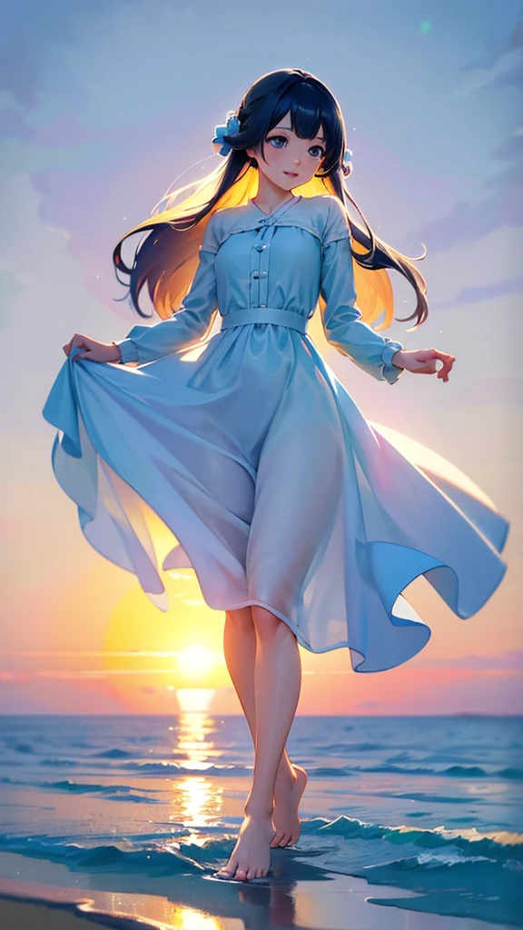masterpiece, Highest quality, Movie stills,Long Shot、超Long Shot、 1 Girl, Sky reflected on the sea surface、Mirror-like water surface、Reflective water surface、I can see your ankles、barefoot、sunset、Beautiful sky, close, bright, Happy, Warm and soft lighting, sunset, (spark:0.7)
