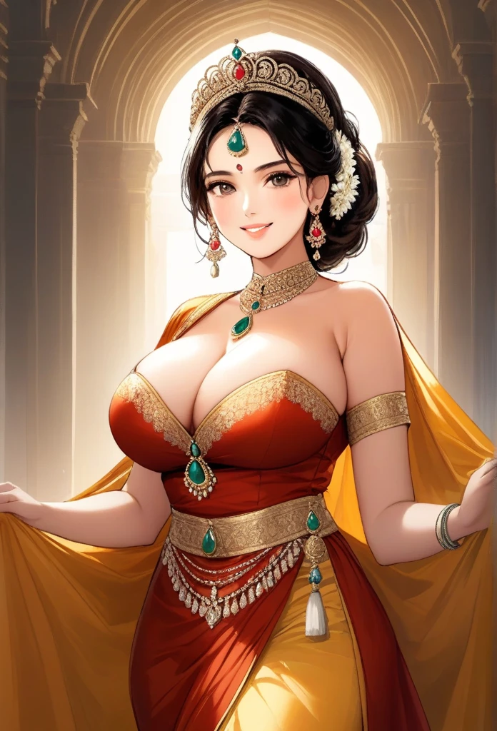 Make a painting, using inspiration from Peter Paul Rubens, of a robust, well-proportioned Indian queen who exudes strength, confidence, and regality. Fluffy hair, unbounded hair,
Imagine a strong Indian queen who is confident in her beauty and radiates grace and authority. Show her as a representation of self-acceptance and beauty, embracing the variety of body shapes and upending preconceived notions of what constitutes beautiful.
Think about using aspects of Rubens' style, like his vibrant color scheme, dramatic lighting, and luxurious, flowing textiles. Draw attention to the queen's stunning eyes, charming smile, and poised yet kind demeanor, showcasing her inherent attractiveness.
Highlight the queen's regal clothing, which is embellished with elaborate designs, vivid hues, and pricey jewels to symbolize her heightened rank. Observe closely to the features of her traditional Indian attire.big breasts, jhumka tassel earrings