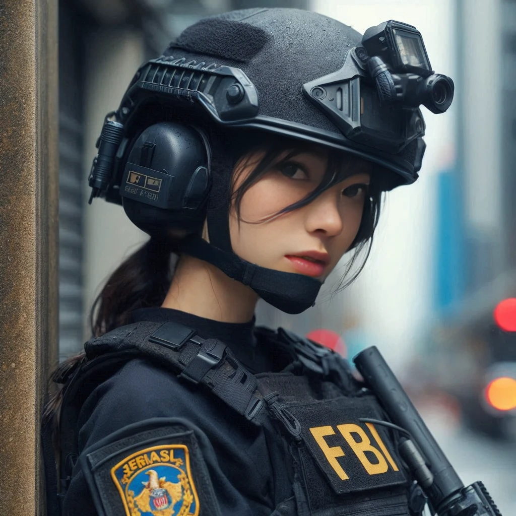 8K,Realistic Photo、Realistic Skin Texture、Superrealism、Japanese female member of FBI SWAT、nervous、Vigilance、Accurate equipment depiction、cap、Operation、I stand in front of the room door and check the situation.、Stains on the wall、Suggestive wall graffiti、demarcation