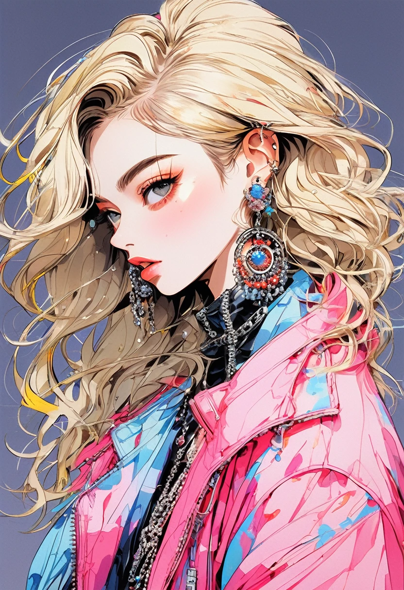 (Highest quality:0.8), (Highest quality:0.8), Perfect illustration,Beautiful woman portrait、One girl, bangs, Black nails, Blonde, Mouth closed, clavicle, ear Earrings, Earrings, Fashion G, hair ornaments, Food, Foodie, Jacket, jewelry, looking at iniewer, Medium Hair, Manicure, necklace, Earrings, short hair, skull, skull hair ornaments, sleeines past wrists, 一人in, Both sides up, Upper Body, in, White Background