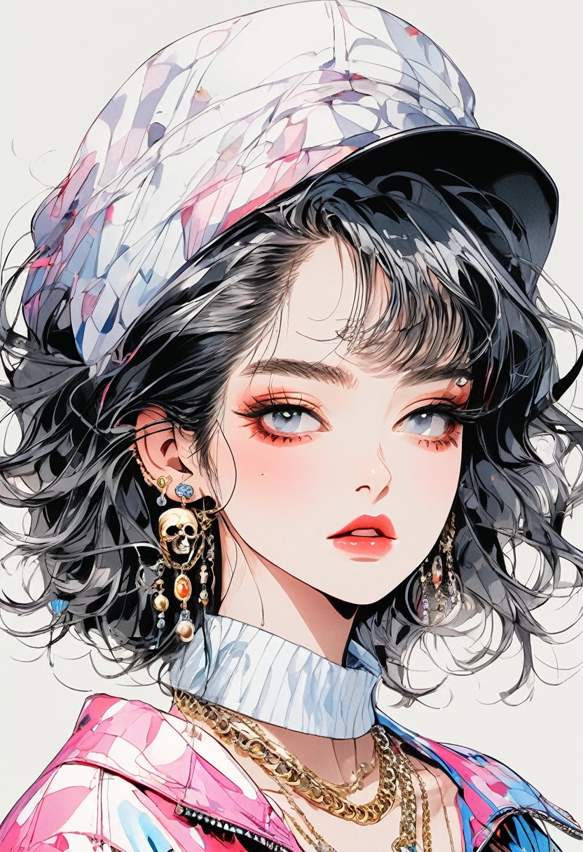 (Highest quality:0.8), (Highest quality:0.8), Perfect illustration,Beautiful woman portrait、One girl, bangs, Black nails, Blonde, Mouth closed, clavicle, ear Earrings, Earrings, Fashion G, hair ornaments, Food, Foodie, Jacket, jewelry, looking at iniewer, Medium Hair, Manicure, necklace, Earrings, short hair, skull, skull hair ornaments, sleeines past wrists, 一人in, Both sides up, Upper Body, in, White Background