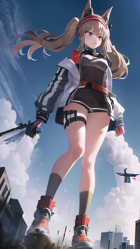 Pleasure, Long legs, angelina_arknights,Standing on one leg, Dressed Woman, Urban Background, fullbody, giantess, Thighs, A woman bigger than the city, Smoke from shoes, ((Girl Landing), earthquake, Ground cracking, Flying Soil, cigarette, from below,Hero Landing