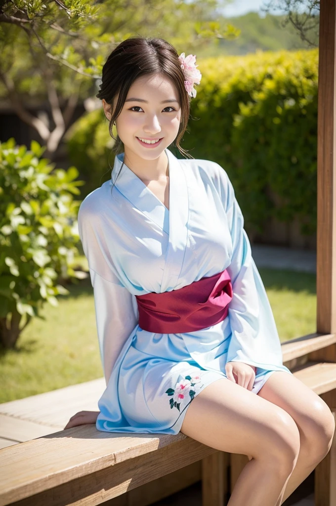 Pure Japanese yukata girl, outstanding body, beautiful legs, wearing traditional yukata, traditional hairstyles, sweet smile, sitting, refreshing in early summer, composition from the front,